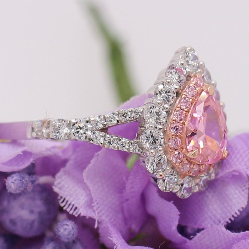 1 CT Pear Cut Pink Sapphire & White Round Cut CZ Diamond White Gold Over On 925 Sterling Silver Halo Anniversary Ring
