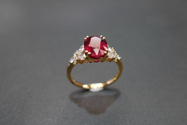1 CT Oval Cut Ruby Diamond Yellow Gold Over On 925 Sterling Silver Solitaire With Accents Ring
