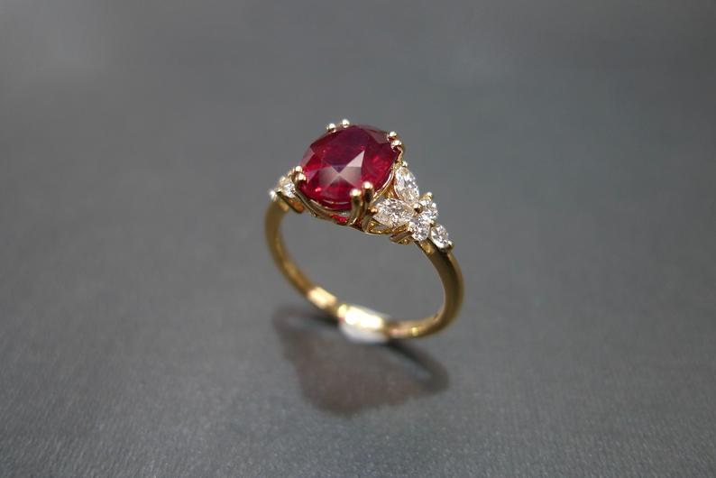 1 CT Oval Cut Ruby Diamond Yellow Gold Over On 925 Sterling Silver Solitaire With Accents Ring