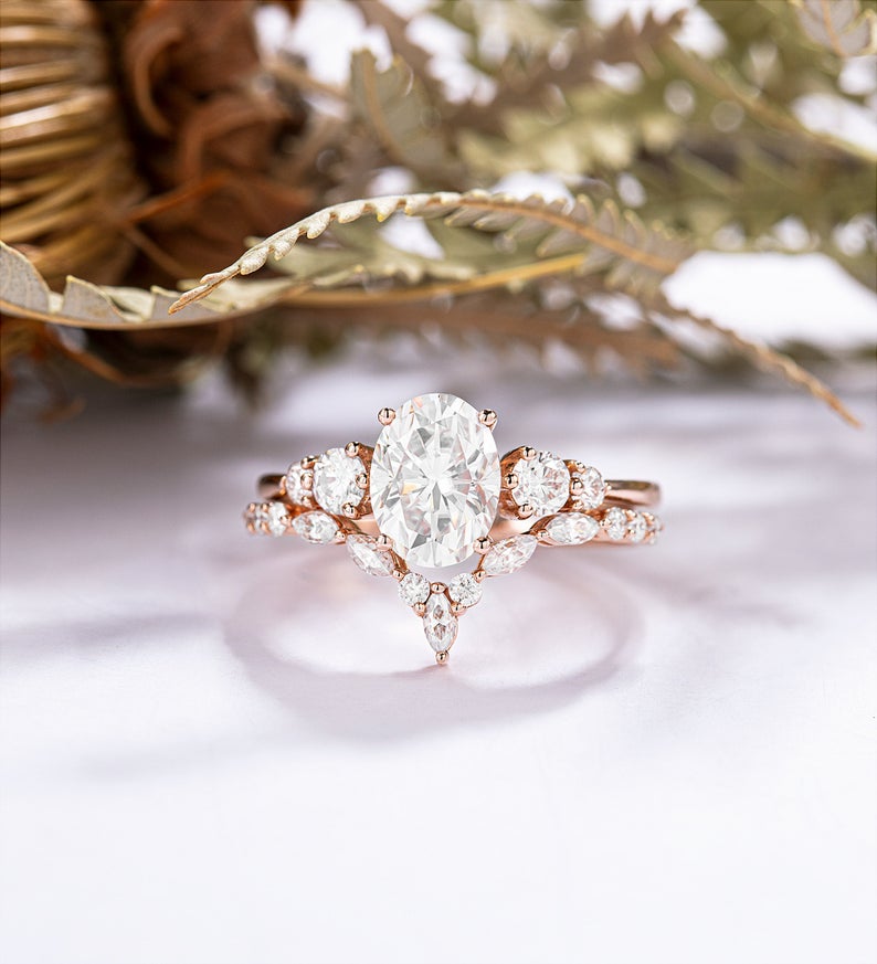 1 CT Oval Cut Diamond Rose Gold Over On 925 Sterling Silver Engagement Ring Set