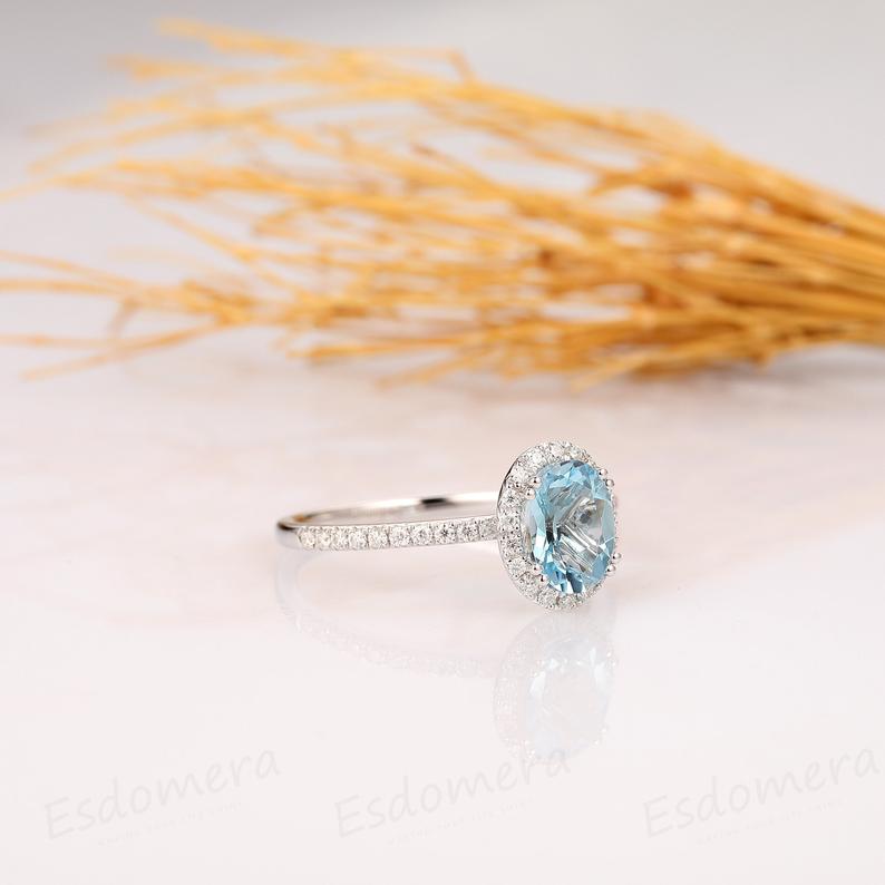 1.5 CT Oval Cut Aquamarine Diamond White Gold Over On 925 Sterling Silver Women Halo Wedding Ring