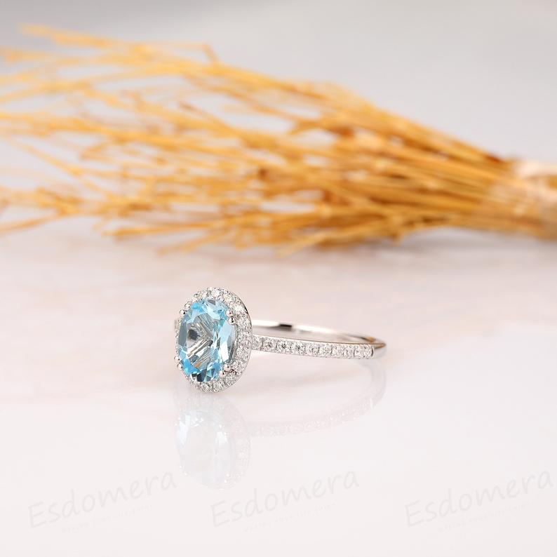 1.5 CT Oval Cut Aquamarine Diamond White Gold Over On 925 Sterling Silver Women Halo Wedding Ring