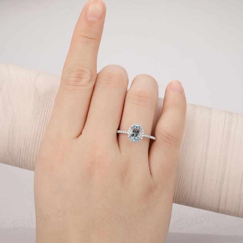 1.5 CT Oval Cut Aquamarine Diamond White Gold Over On 925 Sterling Silver Women Halo Wedding Ring
