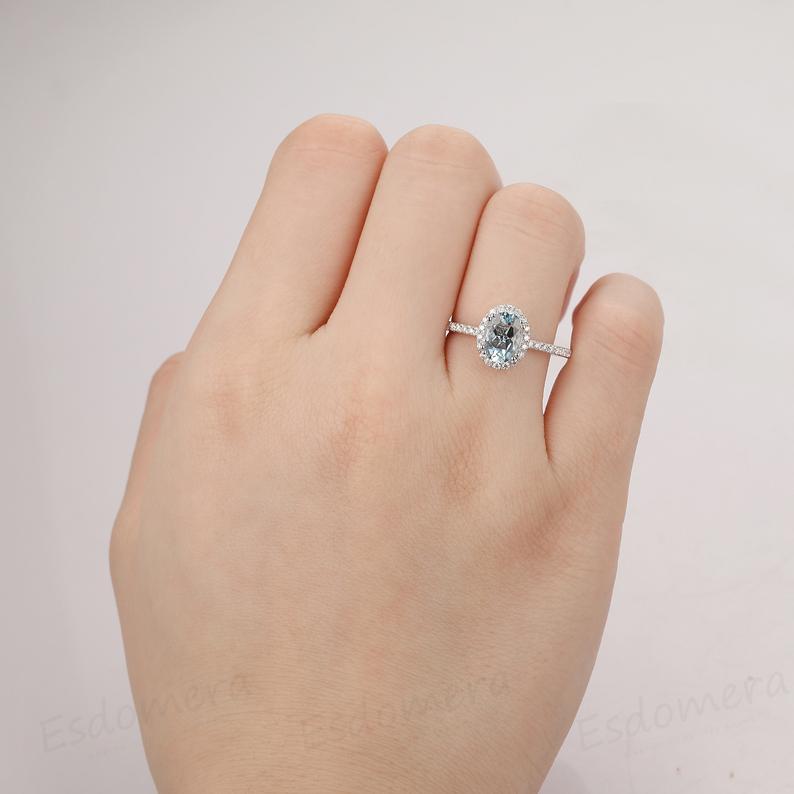 1.5 CT Oval Cut Aquamarine Diamond White Gold Over On 925 Sterling Silver Women Halo Wedding Ring