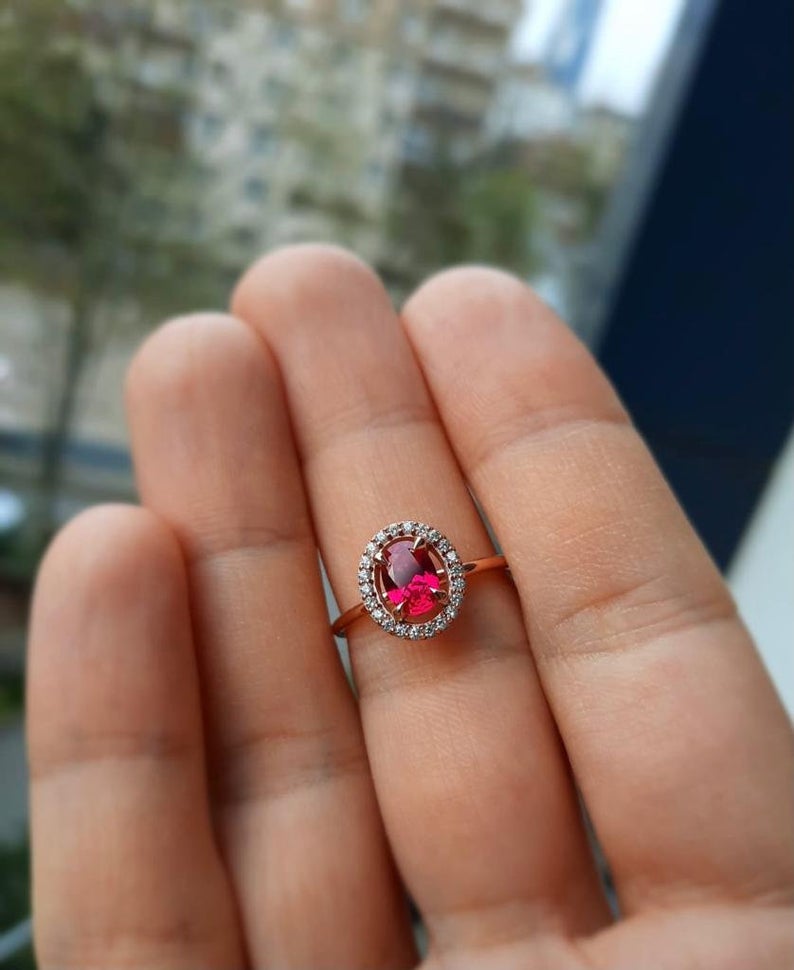 1 CT Oval Cut Ruby Diamond Rose Gold Over On 925 Sterling Silver Halo Promise Ring