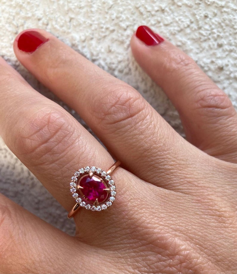 1 CT Oval Cut Ruby Diamond Rose Gold Over On 925 Sterling Silver Halo Promise Ring