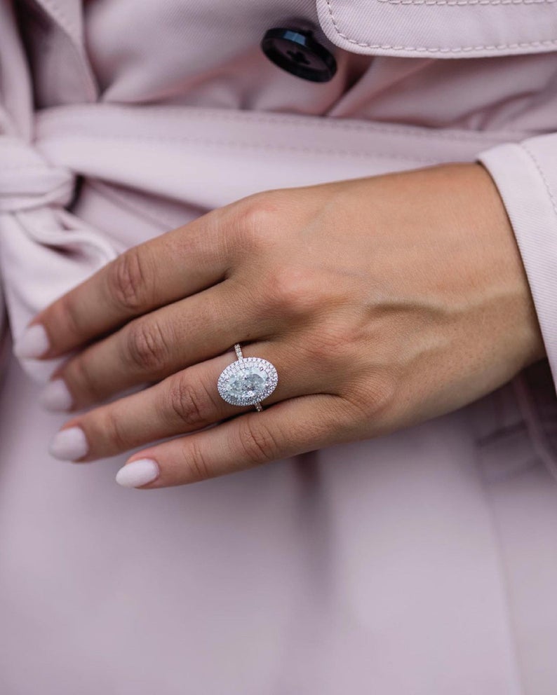 3.50 Ct Oval Cut Diamond White Gold Over On 925 Sterling Silver Double Halo Engagement Ring