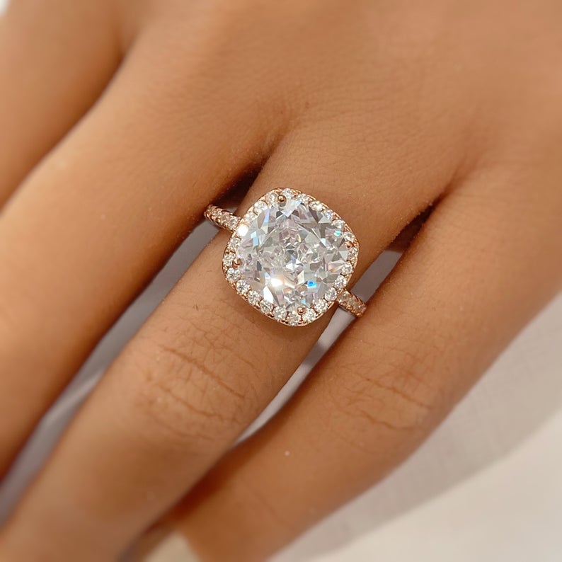 1 CT Cushion Cut Diamond Rose Gold Over On 925 Sterling Silver Halo Wedding Ring