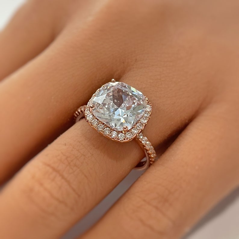 1 CT Cushion Cut Diamond Rose Gold Over On 925 Sterling Silver Halo Wedding Ring