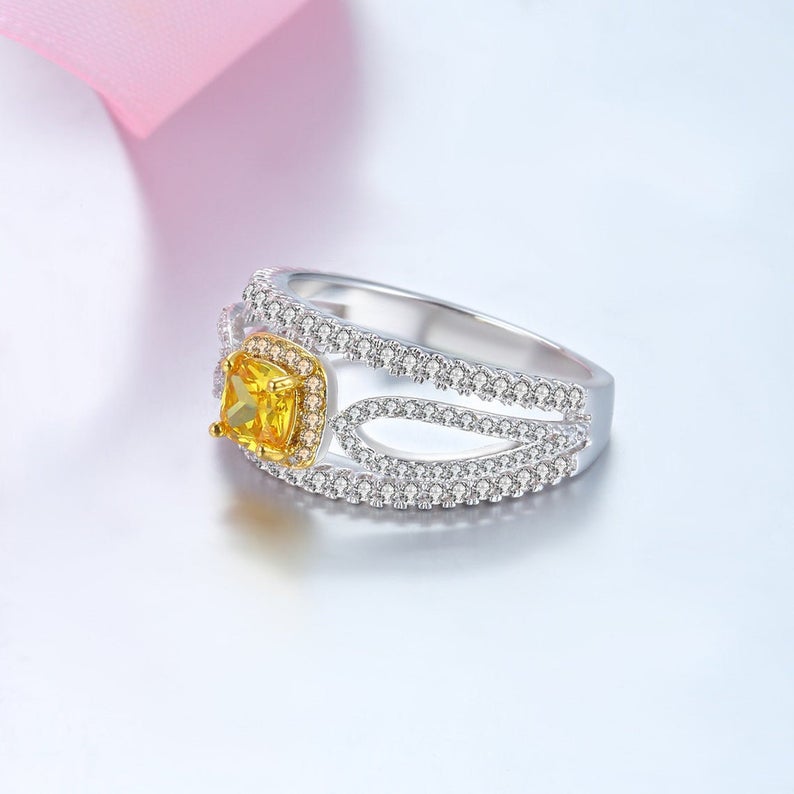 2.50 CT Cushion Cut Citrine Diamond Two-Tone Gold Over On 925 Sterling Silver Halo Wedding Ring