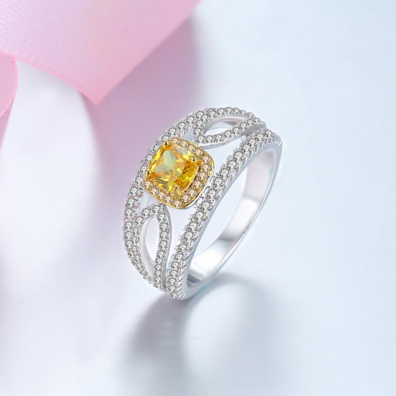 2.50 CT Cushion Cut Citrine Diamond Two-Tone Gold Over On 925 Sterling Silver Halo Wedding Ring