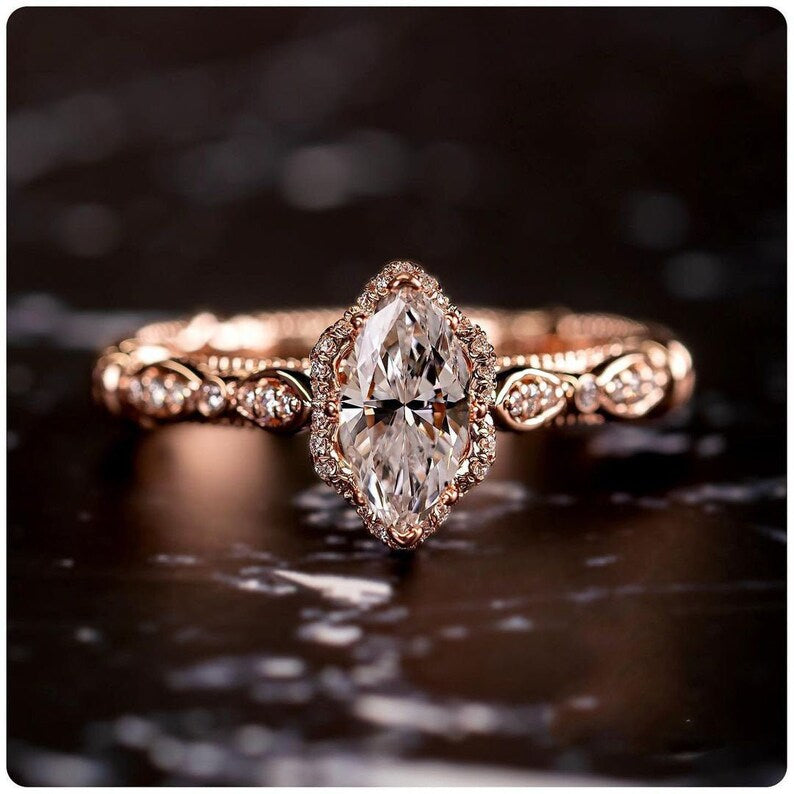 1.80 CT Marquise Cut Rose Gold Over On 925 Sterling Silver Vintage Wedding Ring Gift For Women