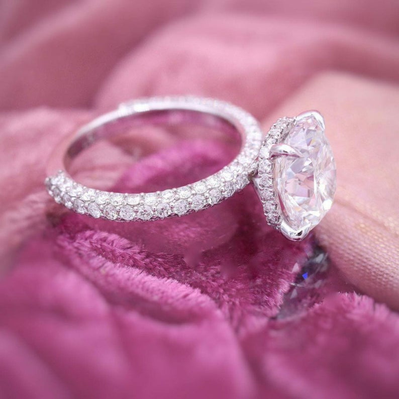 3 CT Oval Cut Diamond White Gold Over On 925 Sterling Silver Solitaire With Accents Ring