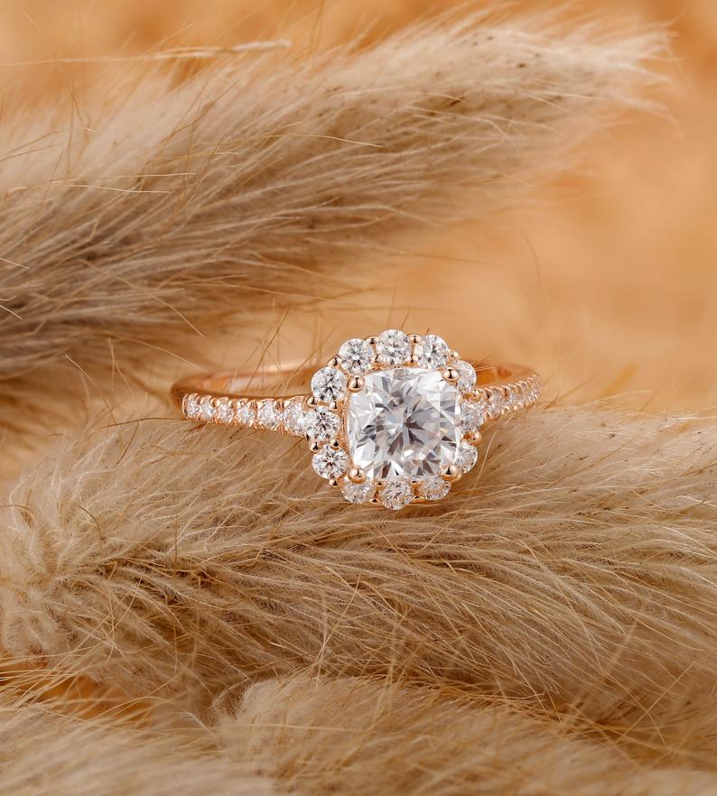 1 CT Cushion Cut Diamond Rose Gold Over On 925 Sterling Silver Halo Anniversary Ring