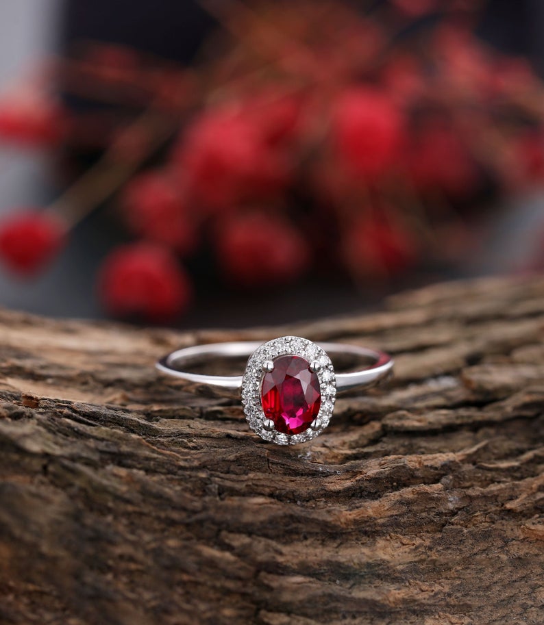 1 CT Oval Cut Ruby Diamond White Gold Over On 925 Sterling Silver Halo Promise Ring