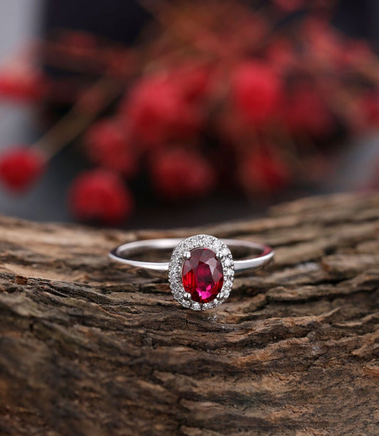 1 CT Oval Cut Ruby Diamond White Gold Over On 925 Sterling Silver Halo Promise Ring