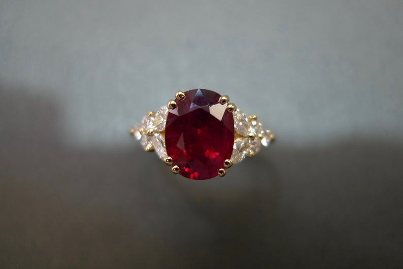 1 CT Oval Cut Ruby Diamond Yellow Gold Over On 925 Sterling Silver Solitaire With Accents Ring