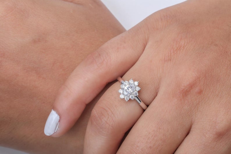 1.5 CT Oval Cut Diamond White Gold Over On 925 Sterling Silver Halo Wedding Ring