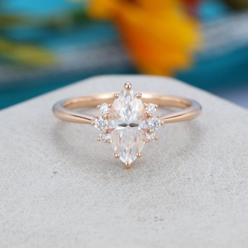 1 CT Marquise cut Diamond Rose Gold Over On 925 Sterling Silver Solitaire With Accents Ring
