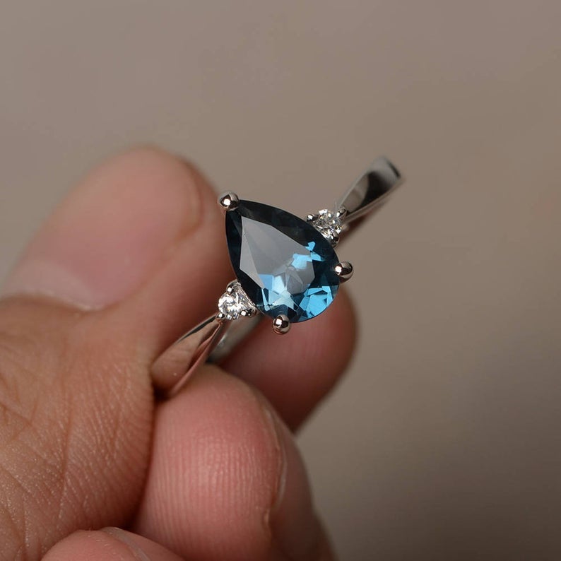 1 CT Pear Cut London Blue Topaz Diamond 925 Sterling Silver Three Stone Ring