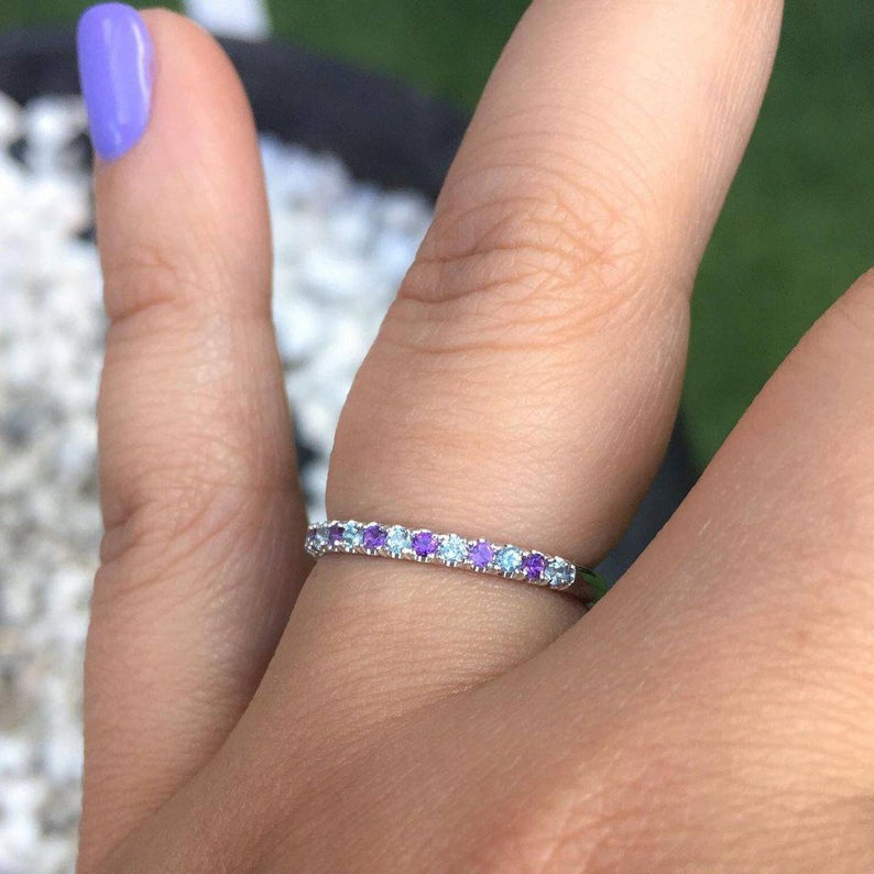 1.20 CT Round Cut Amethyst & Aquamarine White Gold Over On 925 Sterling Silver Half Eternity Band Ring