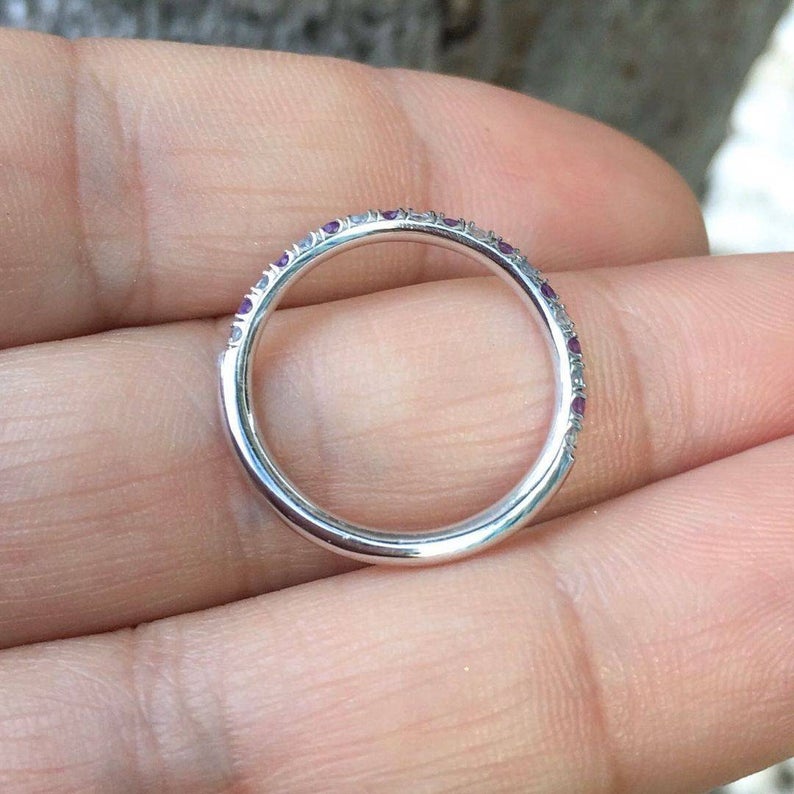 1.20 CT Round Cut Amethyst & Aquamarine White Gold Over On 925 Sterling Silver Half Eternity Band Ring