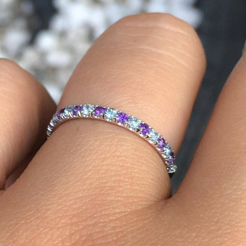 1.20 CT Round Cut Amethyst & Aquamarine White Gold Over On 925 Sterling Silver Half Eternity Band Ring