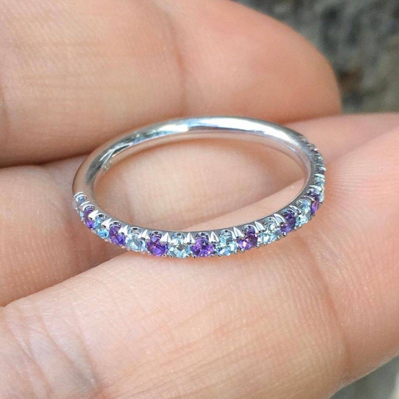 1.20 CT Round Cut Amethyst & Aquamarine White Gold Over On 925 Sterling Silver Half Eternity Band Ring