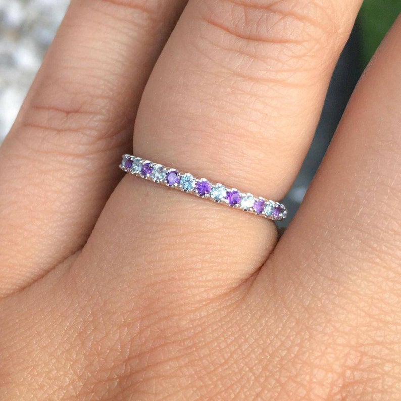 1.20 CT Round Cut Amethyst & Aquamarine White Gold Over On 925 Sterling Silver Half Eternity Band Ring