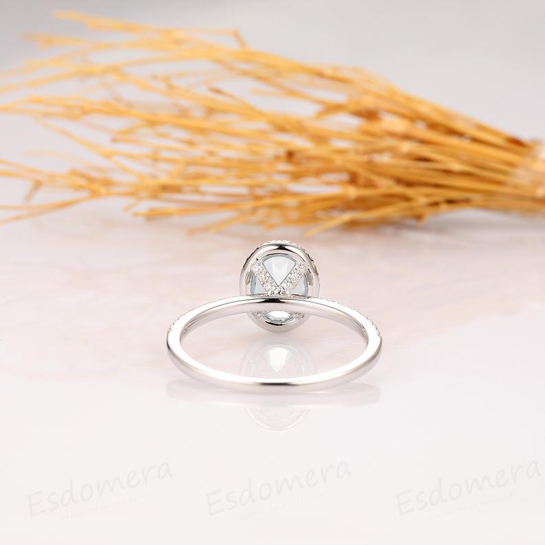 1.5 CT Oval Cut Aquamarine Diamond White Gold Over On 925 Sterling Silver Women Halo Wedding Ring