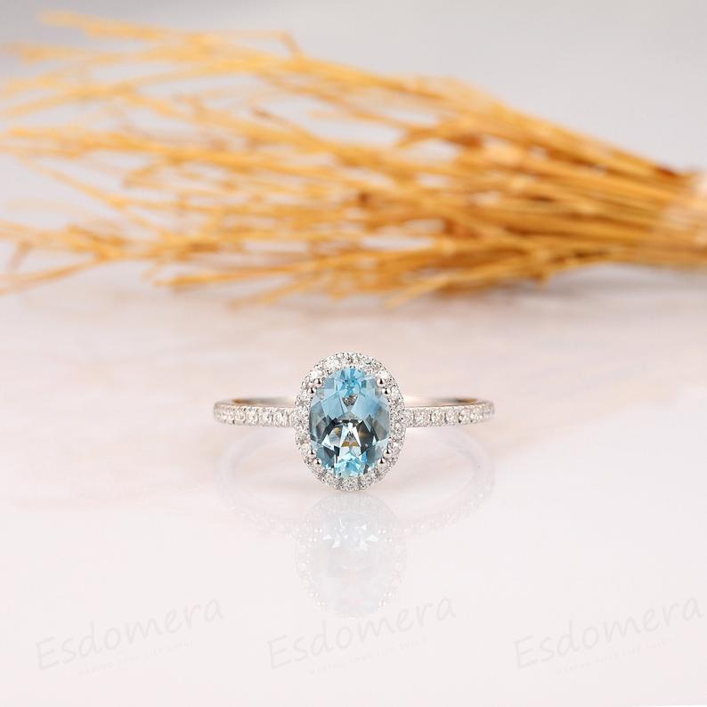 1.5 CT Oval Cut Aquamarine Diamond White Gold Over On 925 Sterling Silver Women Halo Wedding Ring