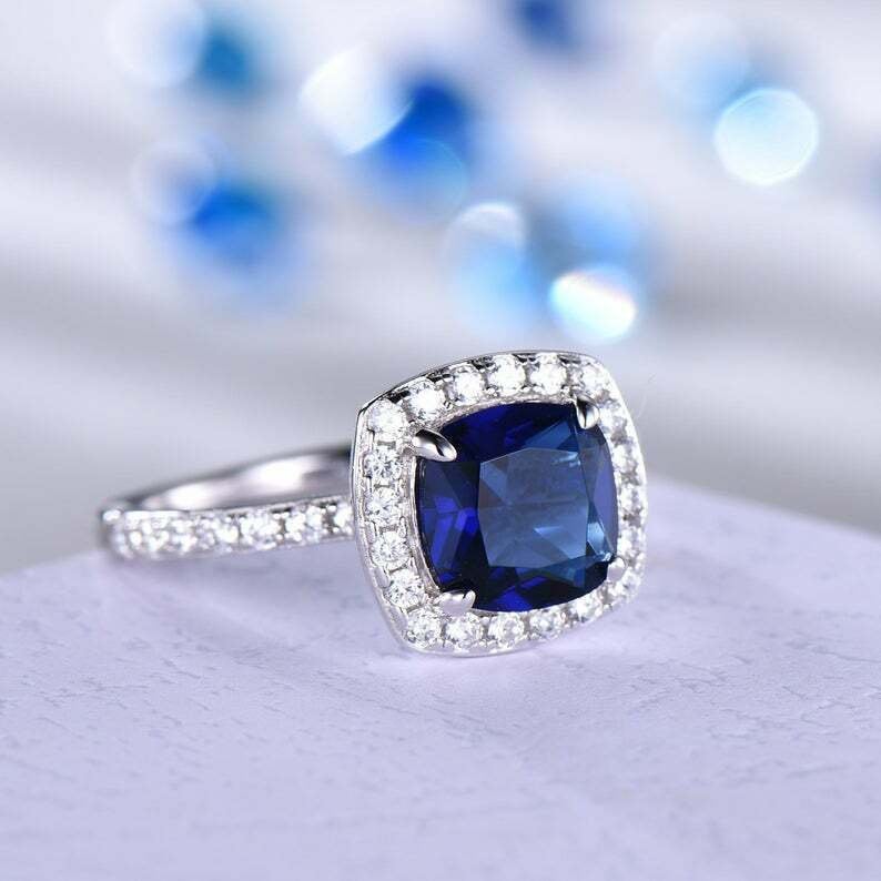 1.50 CT Cushion Cut Blue Sapphire Diamond White Gold Over On 925 Sterling Silver Halo Wedding Ring