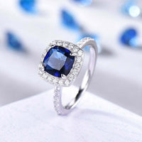 1.50 CT Cushion Cut Blue Sapphire Diamond White Gold Over On 925 Sterling Silver Halo Wedding Ring