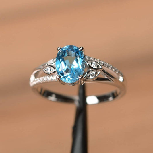 1 CT Oval Cut Blue Topaz Diamond 925 Sterling Silver Solitaire With Accents Ring