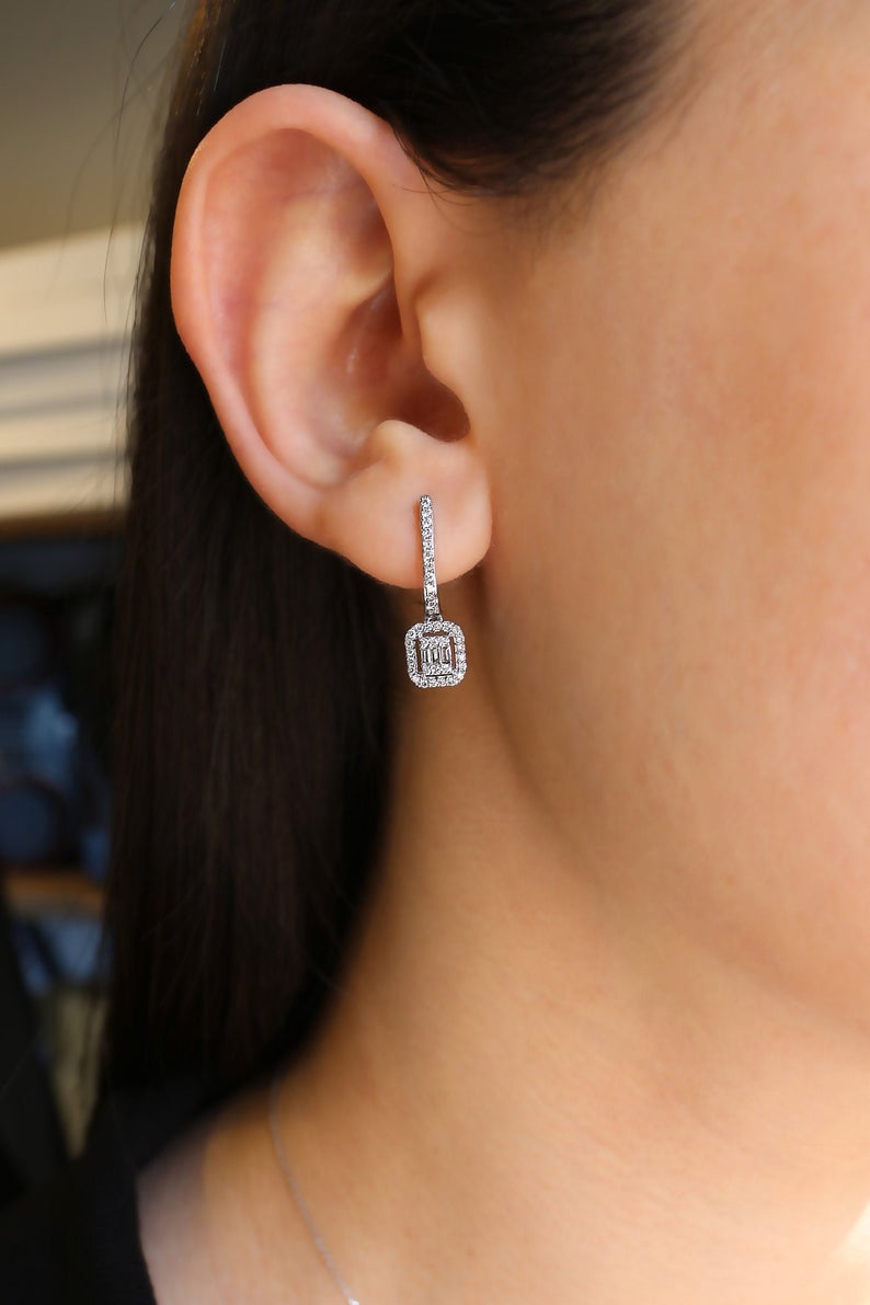 2.20 Ct Round & Baguette Cut Diamond 925 Sterling Silver Halo Dangle Earrings