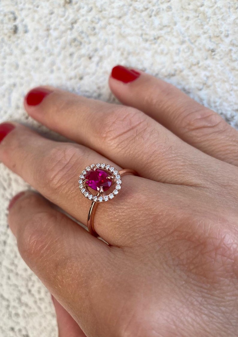 1 CT Oval Cut Ruby Diamond Rose Gold Over On 925 Sterling Silver Halo Promise Ring