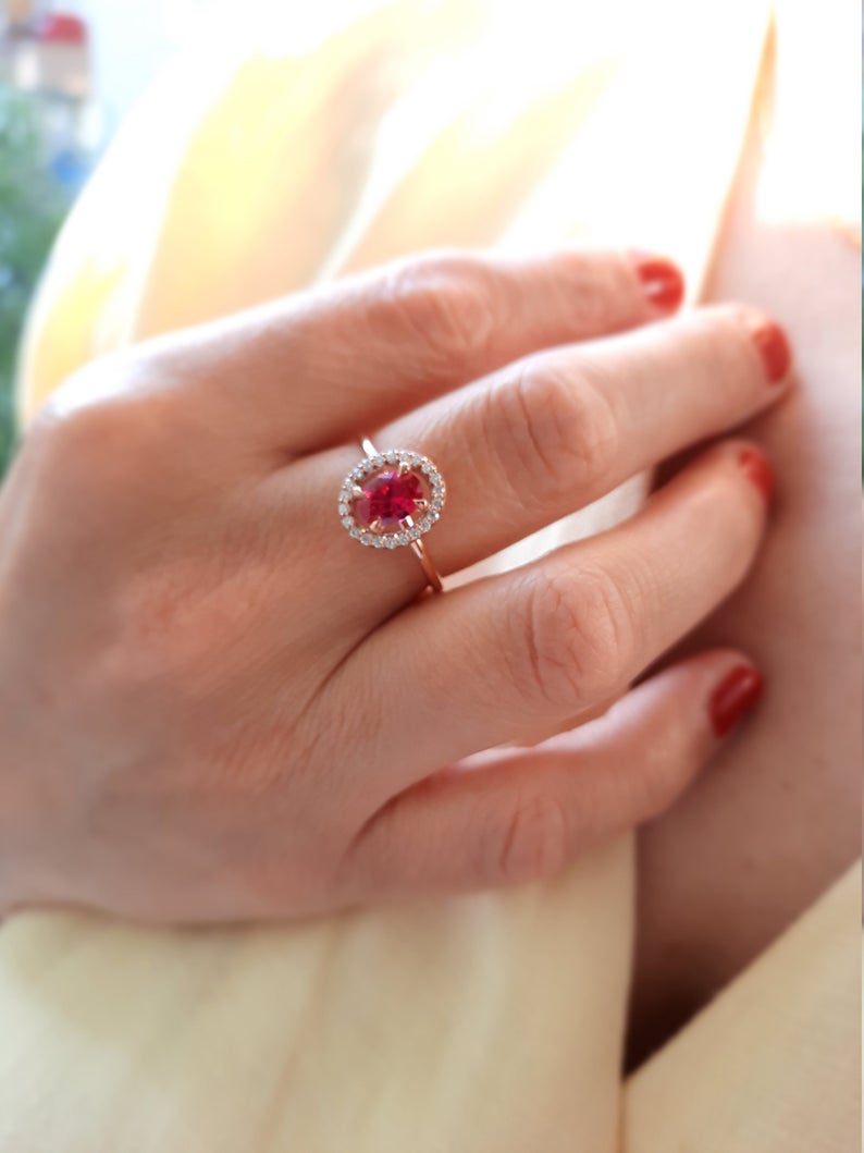 1 CT Oval Cut Ruby Diamond Rose Gold Over On 925 Sterling Silver Halo Promise Ring