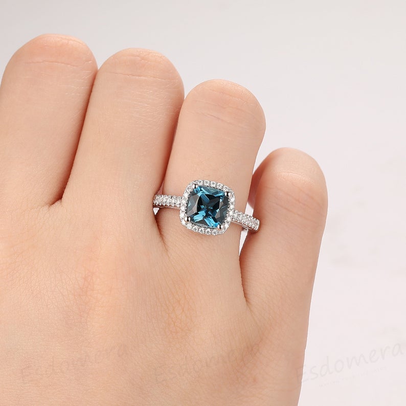 2 CT Cushion Cut London Blue Topaz Diamond 925 Sterling Silver Halo Wedding Ring