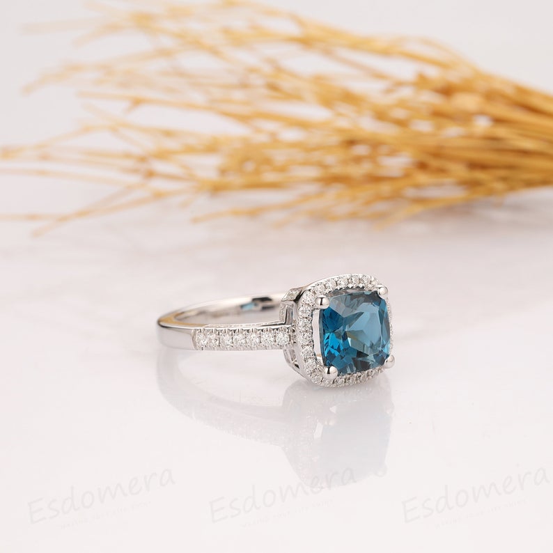 2 CT Cushion Cut London Blue Topaz Diamond 925 Sterling Silver Halo Wedding Ring