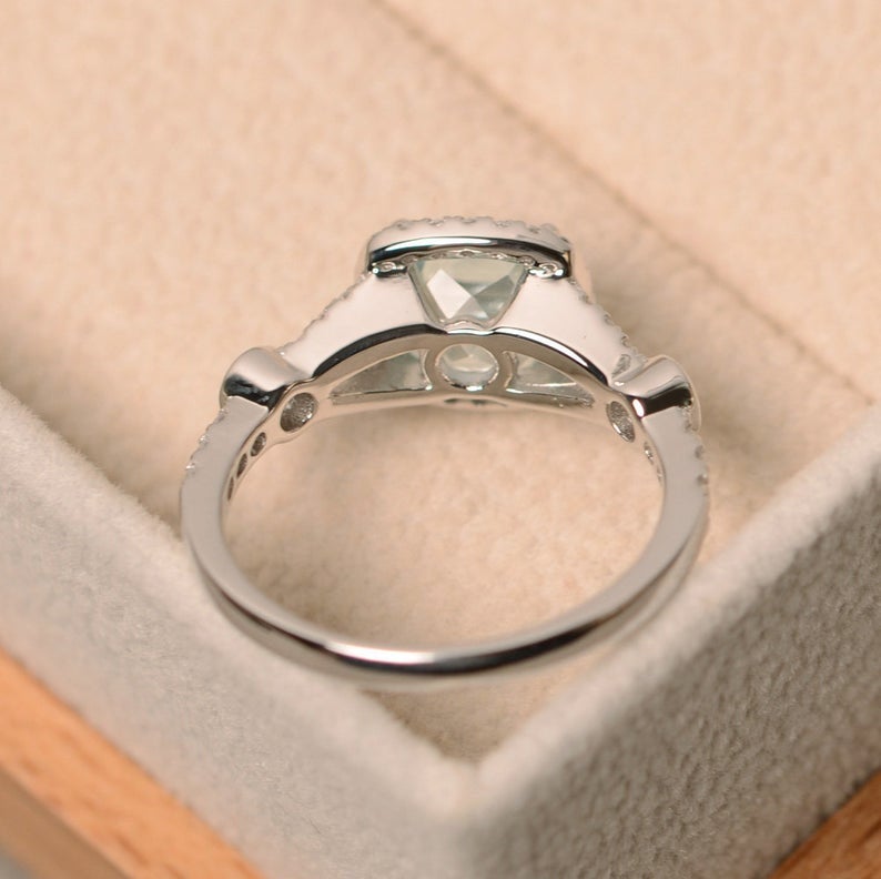 1 CT Cushion Cut Aquamarine Diamond 925 Sterling Silver Halo Anniversary Ring