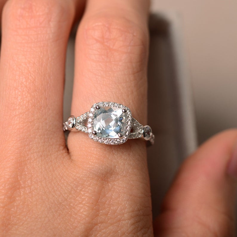 1 CT Cushion Cut Aquamarine Diamond 925 Sterling Silver Halo Anniversary Ring