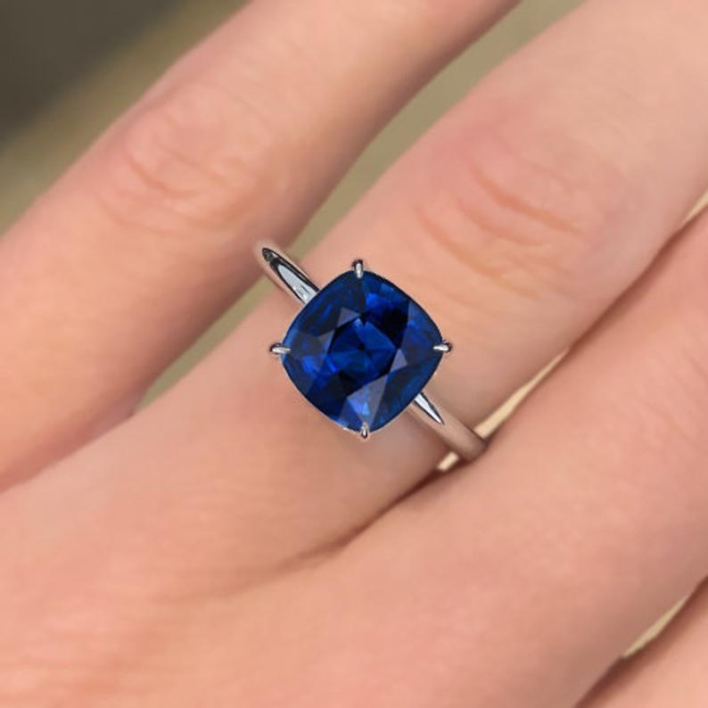 3 CT Cushion Cut Blue Sapphire Diamond White Gold Over On 925 Sterling Silver Solitaire Engagement Ring