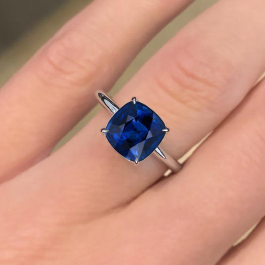 3 CT Cushion Cut Blue Sapphire Diamond White Gold Over On 925 Sterling Silver Solitaire Engagement Ring