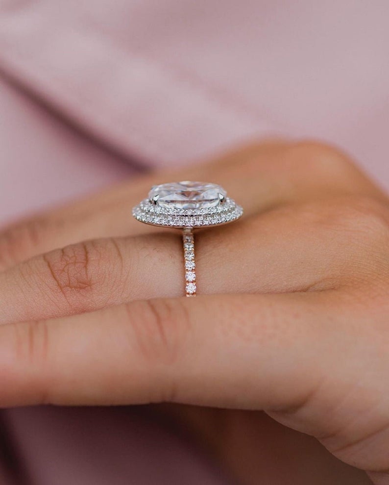 2 CT Oval Cut Diamond Rose Gold Over On 925 Sterling Silver Double Halo Engagement Ring For Her