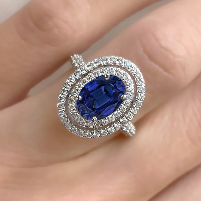 2 CT Oval Cut Blue Sapphire Diamond White Gold Over On 925 Sterling Silver Double Halo Wedding Ring