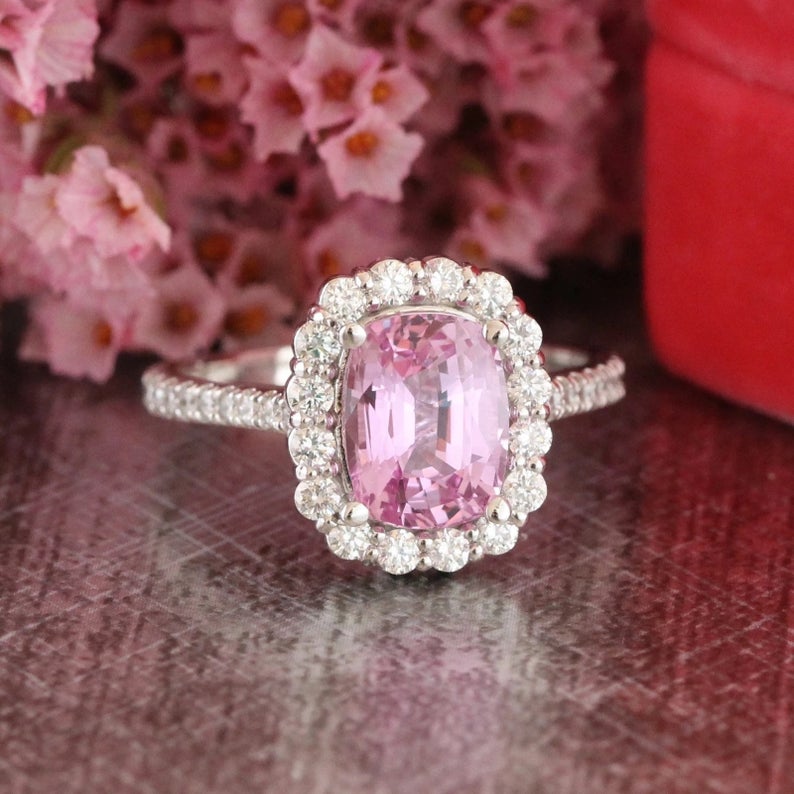 Heart-Shaped Pink Sapphire Halo Ring with Diamond Accents | Angara