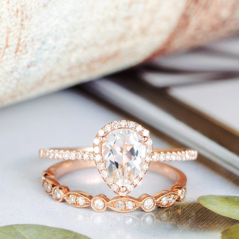1 CT Pear Cut White Topaz Diamond Rose Gold Over On 925 Sterling Silver Women Halo Bridal Ring Set - atjewels.in