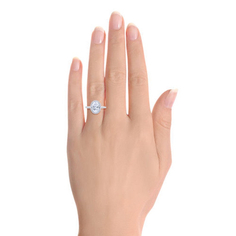 2 CT Oval Cut White Diamond White Gold Over On 925 Sterling Silver Halo Engagement Ring For Womans