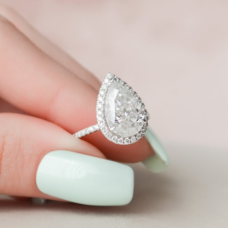 3 CT Pear Cut Diamond White Gold Over On 925 Sterling Silver Halo Wedding Ring