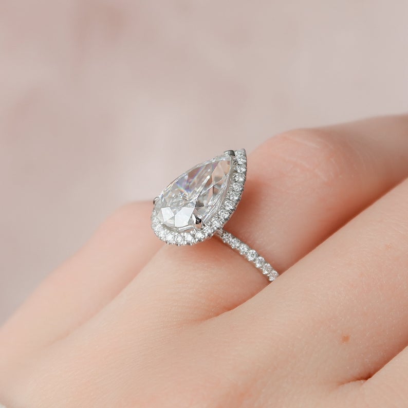 3 CT Pear Cut Diamond White Gold Over On 925 Sterling Silver Halo Wedding Ring